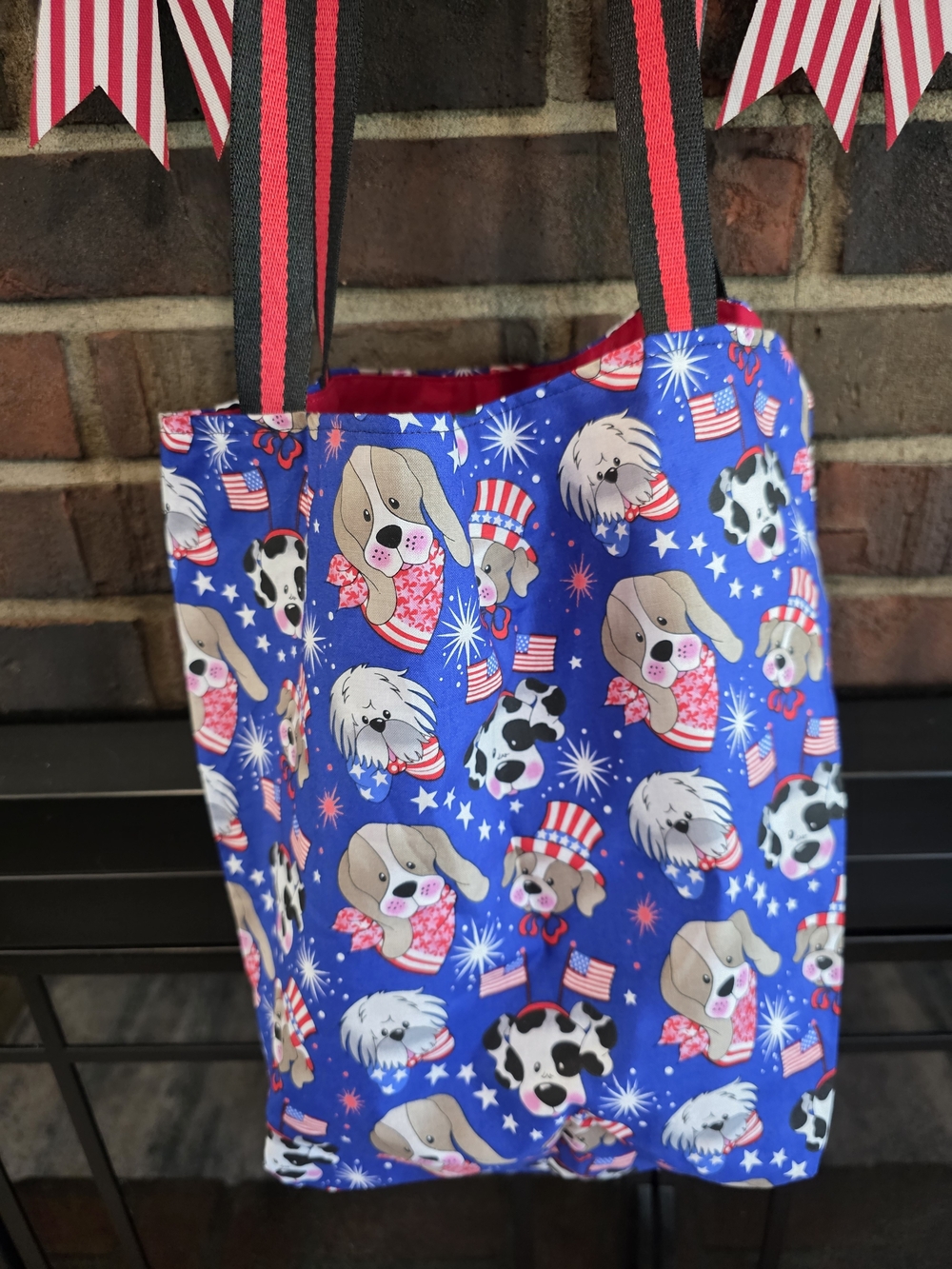Patriotic Dog Print Tote Bag - Blue & Red
